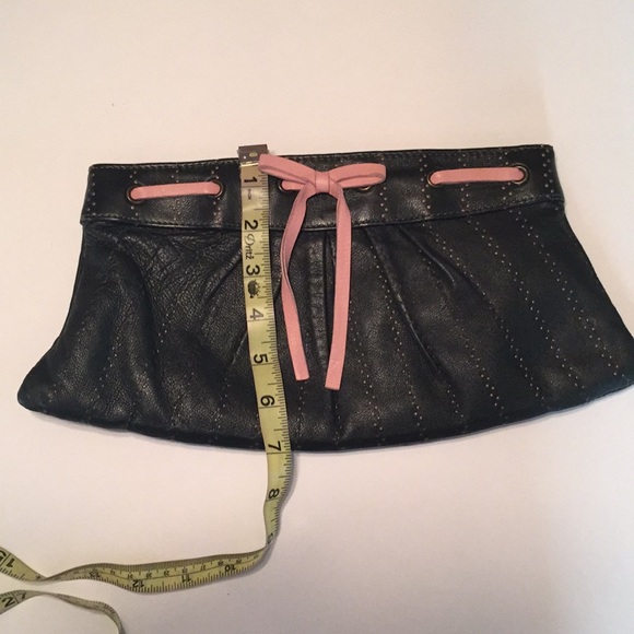 LAUREN MERKIN snap-close Black & Pink 100% LEATHER Preppy Handheld Bow Detail - Picture 8 of 8